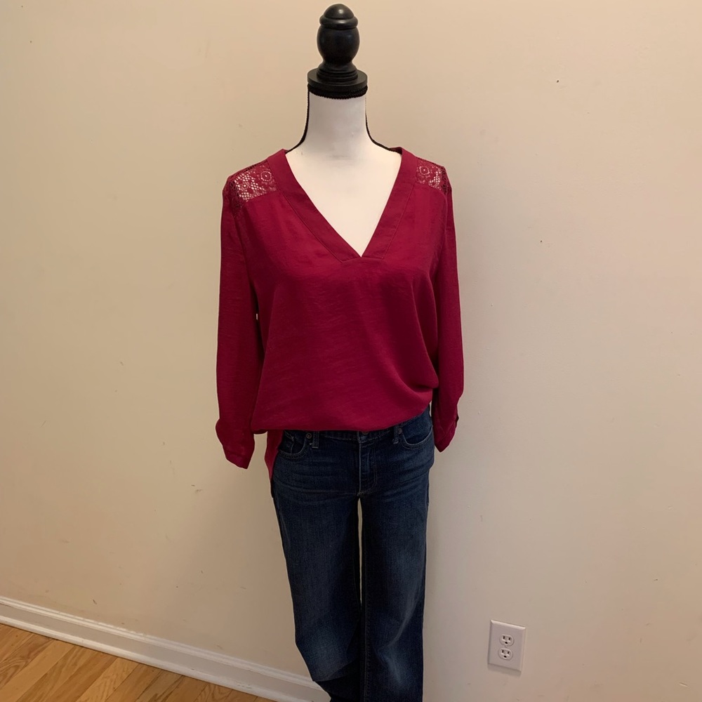 Burgundy V-neck Express blouse, with lace detail, size M